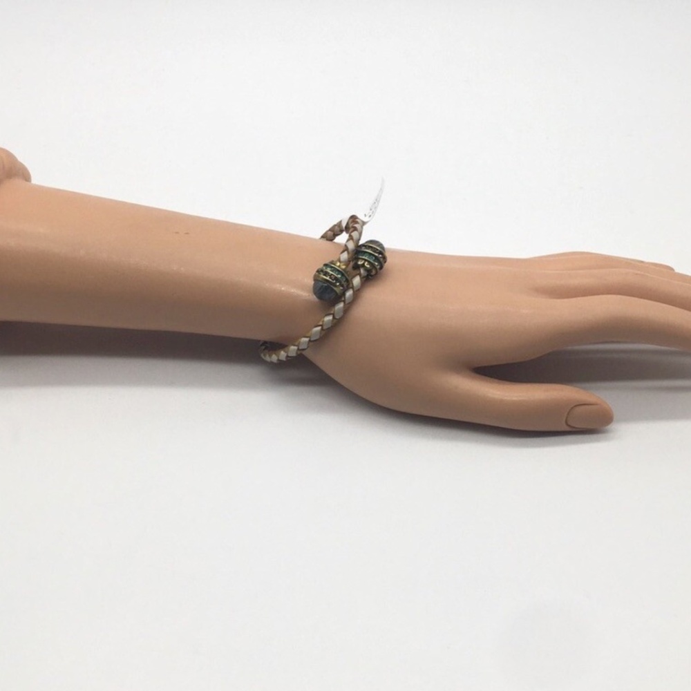 NEW Ann Taylor LOFT Gold & White Braided Bangle Bracelet w/ Green Bead Detail